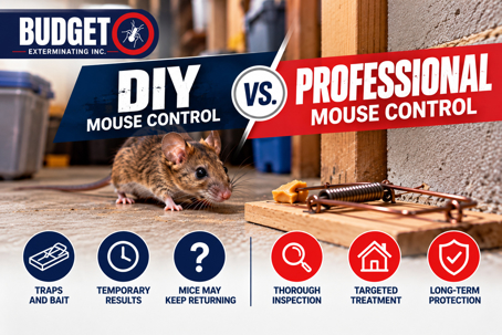 Budget Exterminating DIY vs. professional mouse control comparison featuring a mouse approaching a snap trap