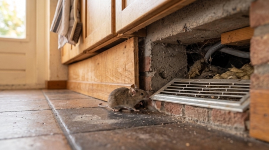 House mouse hiding along a baseboard inside a residential home